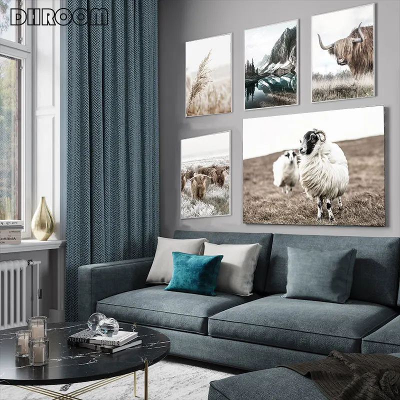 Северный пейзаж на холсте с горами, озером, коровой, овцой, скандинавским плакатом, печатью северного сияния, картиной для стены, декором гостиной.