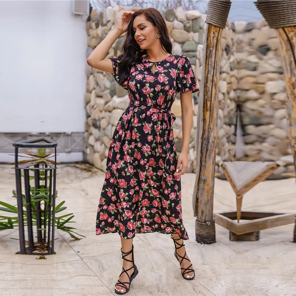 

2021 сезон: весна-лето Новые Длинные Цветочные Бандажное Платье женское платье с открытыми плечами, с рукавом-бабочкой, высокая талия, с рисун...