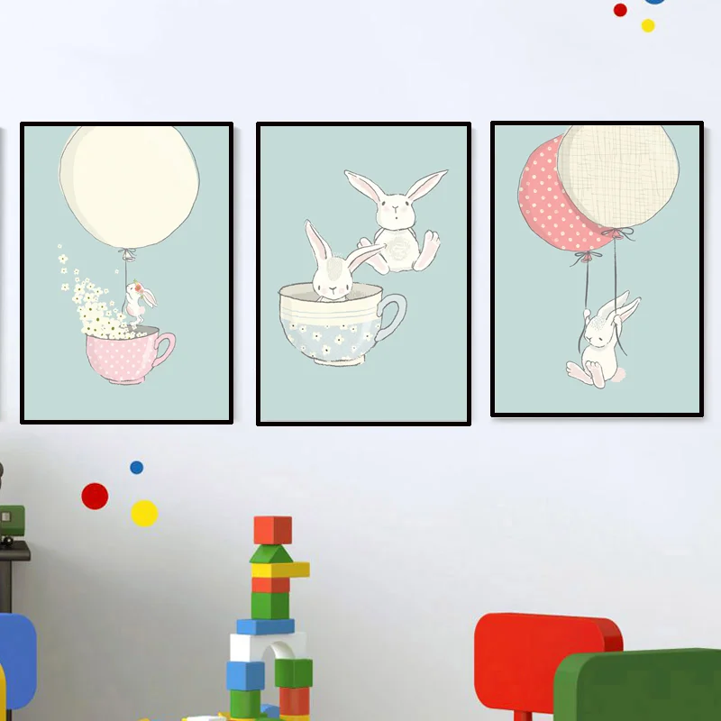 

Wall Art Canvas Painting Cute Rabbit Cartoon Poster Print Nursery Art Poster Blue Wall Pictures For Boys Bedroom Home Decor