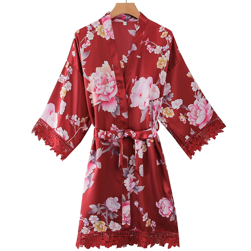 YUXINBRIDAL Floral Robes with lace trim Floral Satin Silk Bridal  bride bridal bridesmaid Kimono Robes party robe  bride robe 02