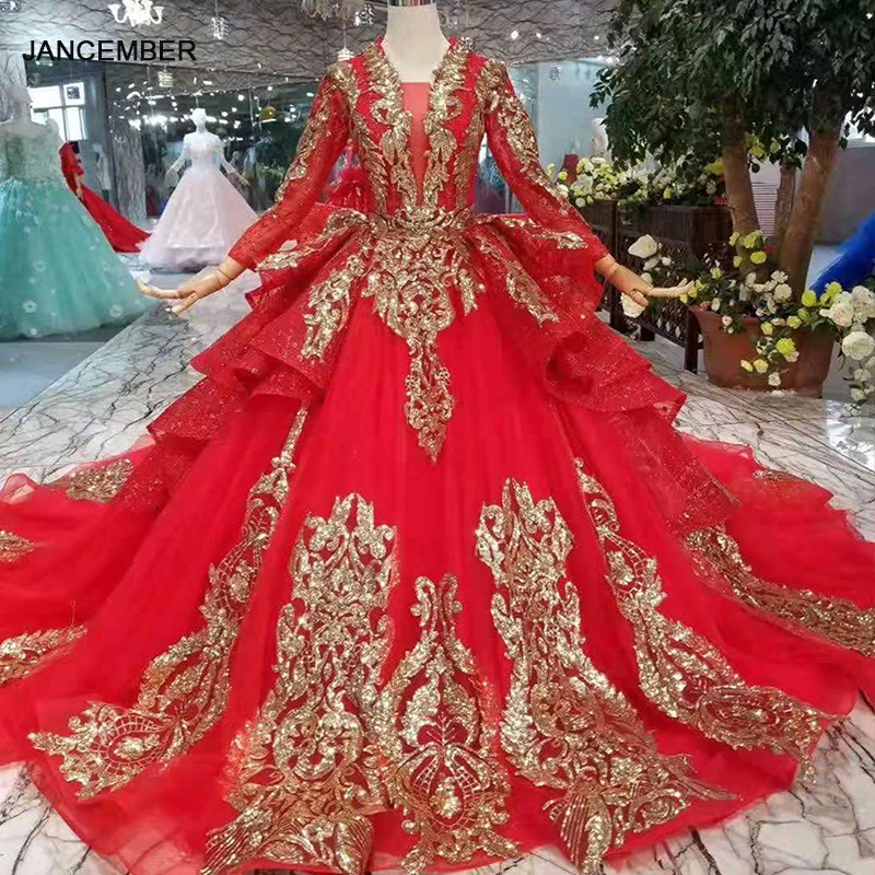 LS11057 роскошное красное свадебное платье с золотым кружевом и длинными рукавами