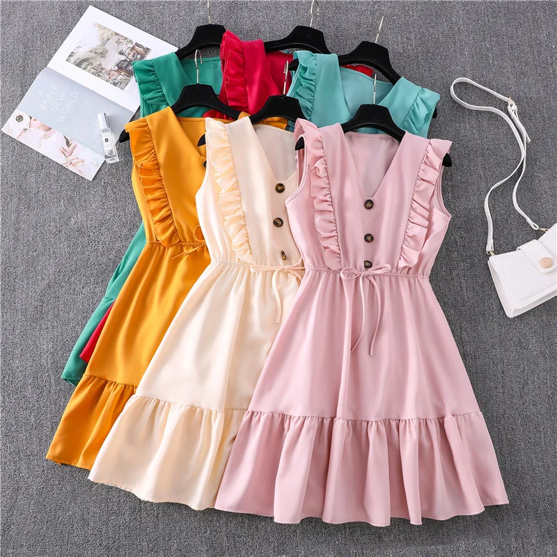 

Casual Women Dress 2021 Summer New 6-color V-neck Elegant Ruffled Party Dress Feamle Kawaii Lace-up Chiffon Dresses Mujer