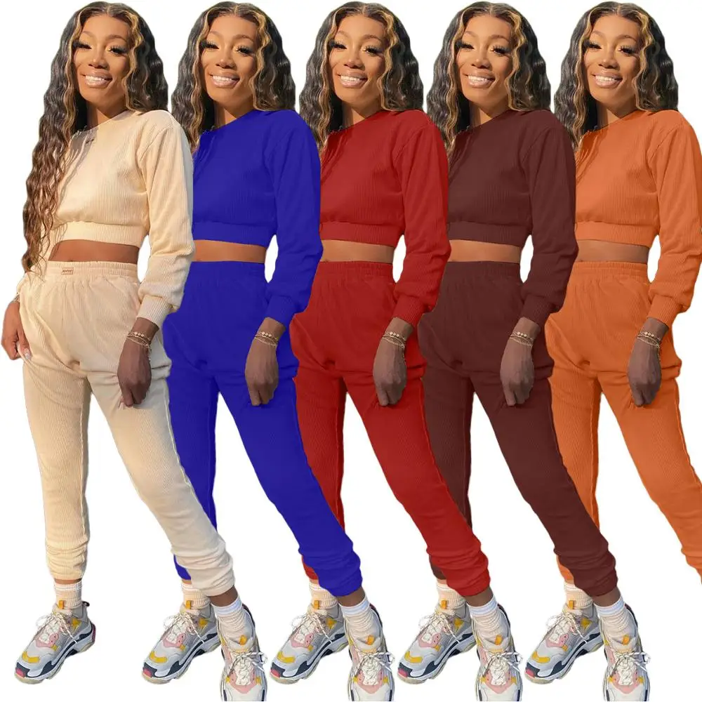 Повседневный Женский комплект вязаный ребристый свитер с круглым вырезом