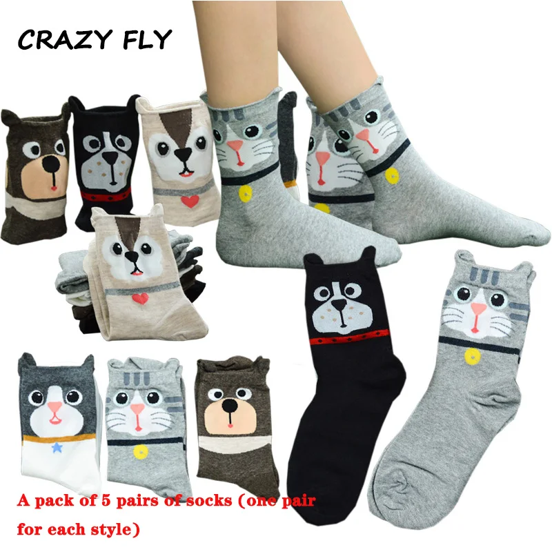 Модные женские хлопковые носки CRAZY FLY с узором для девочек и щенков японские милые