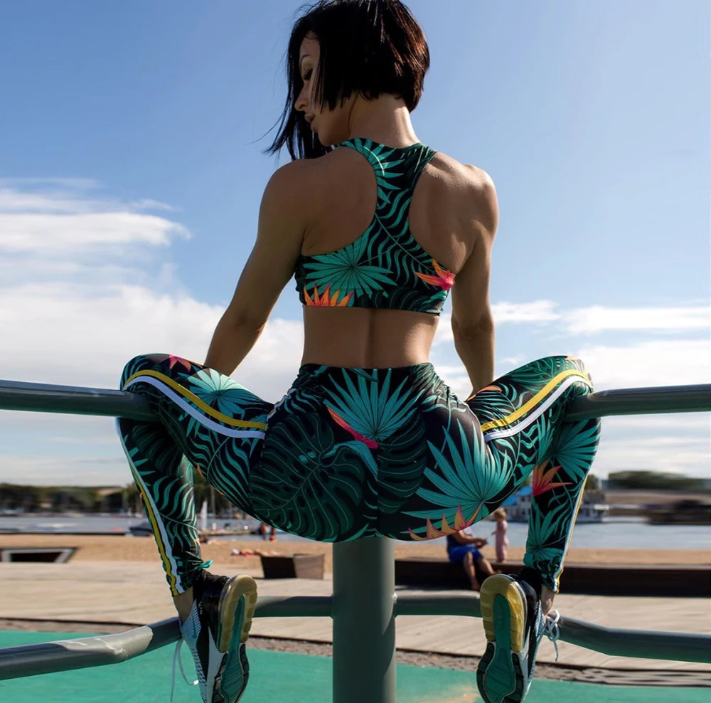 Женский комплект для йоги с принтом в виде листьев женский спортивный костюм