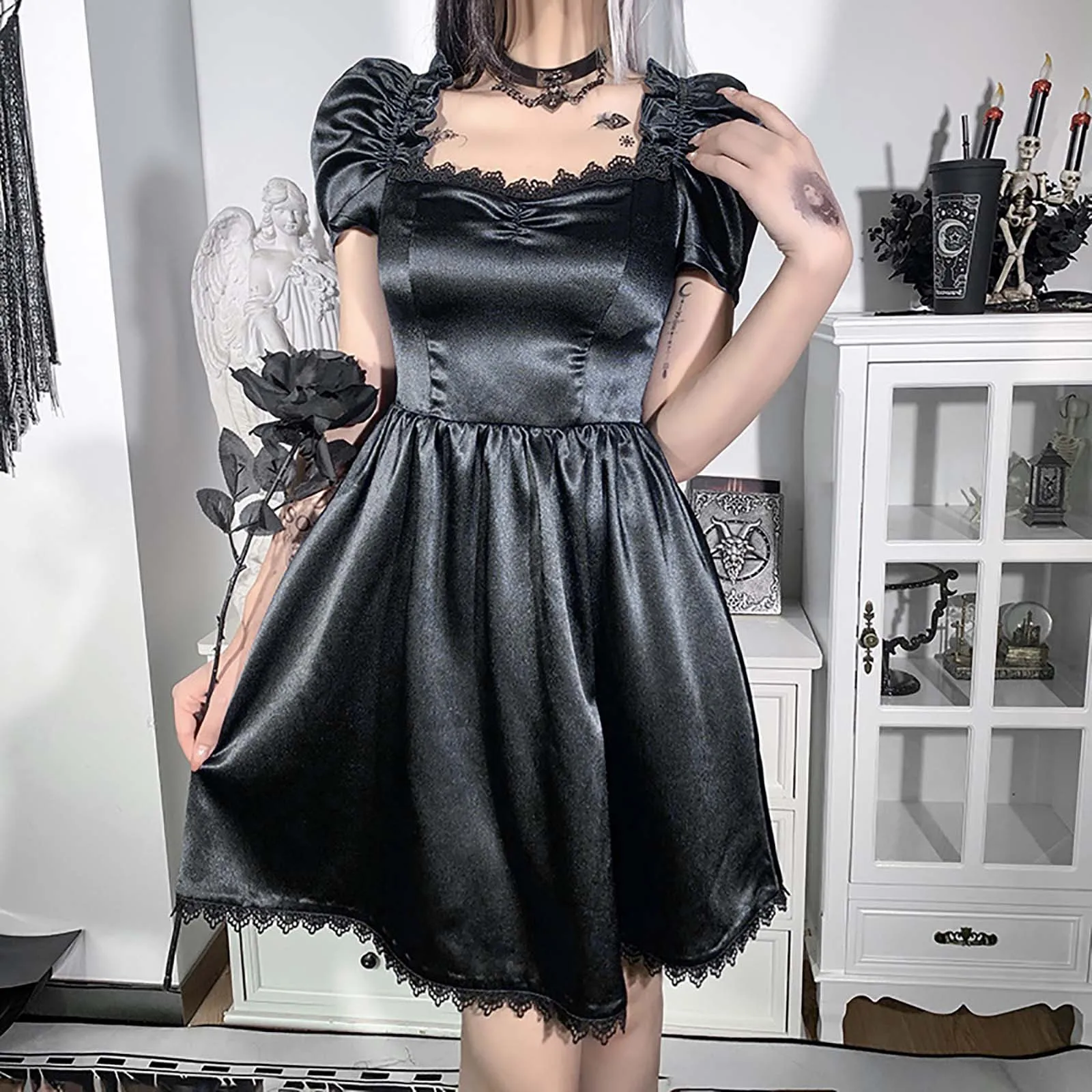

Hot Sale Gothic Style Dark Black Dress Women's Style Pure Color Temperament Lace Puff Sleeve Dress Ladies Club Party Dresses