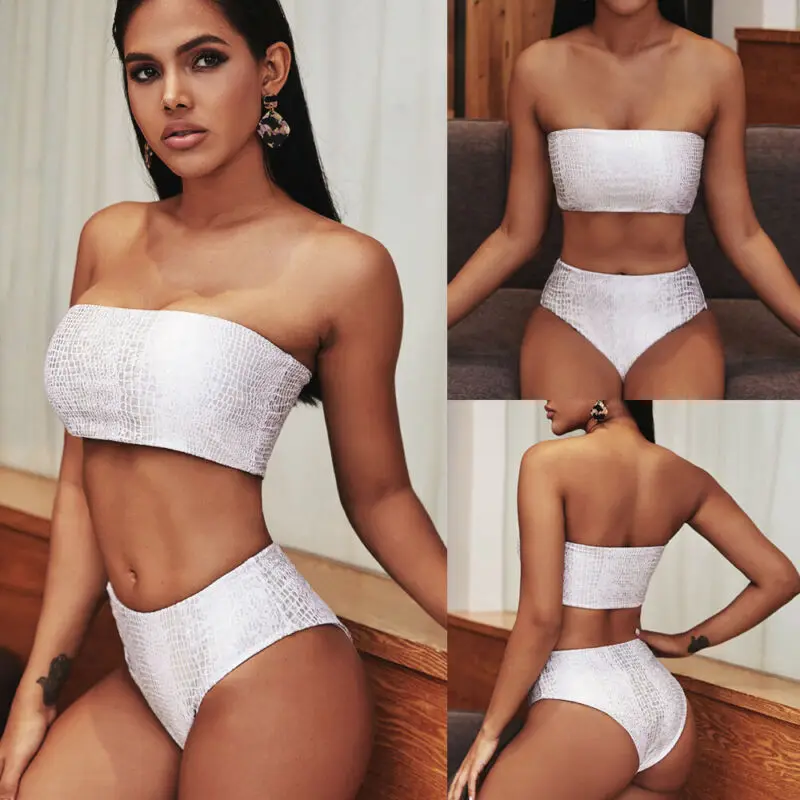 Женский купальник-бикини с высокой талией без бретелек пуш-ап серебристый белый