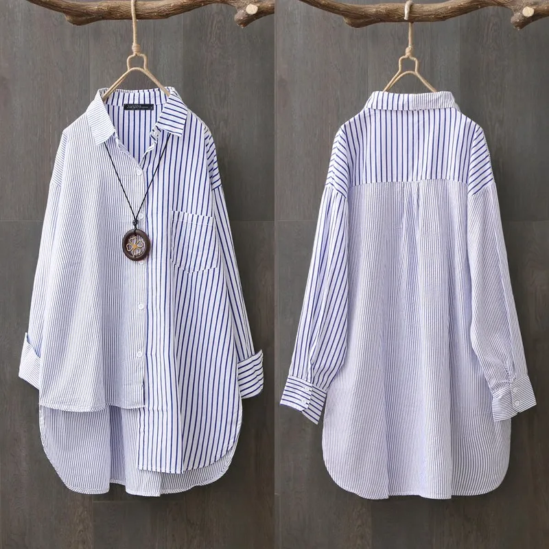 

Women's Asymmetrical Shirts ZANZEA 2021 Elegant Striped Tops Casual Long Sleeve Blusas Female Button Stiching Tunic