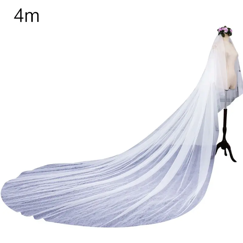 

New 3 Size Double Layer Women Cathedral Wedding Veil 2 Tier Simple European Solid Color Soft Tulle Drape Bridal Veil With Fixed