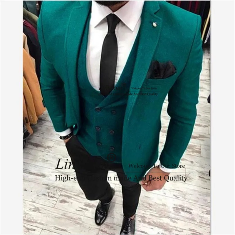 

New Classic Mens Suit Smolking Noivo Terno Slim Fit Easculino Evening Suits For Men Green Tweed With Black Pants Wedding Mascul