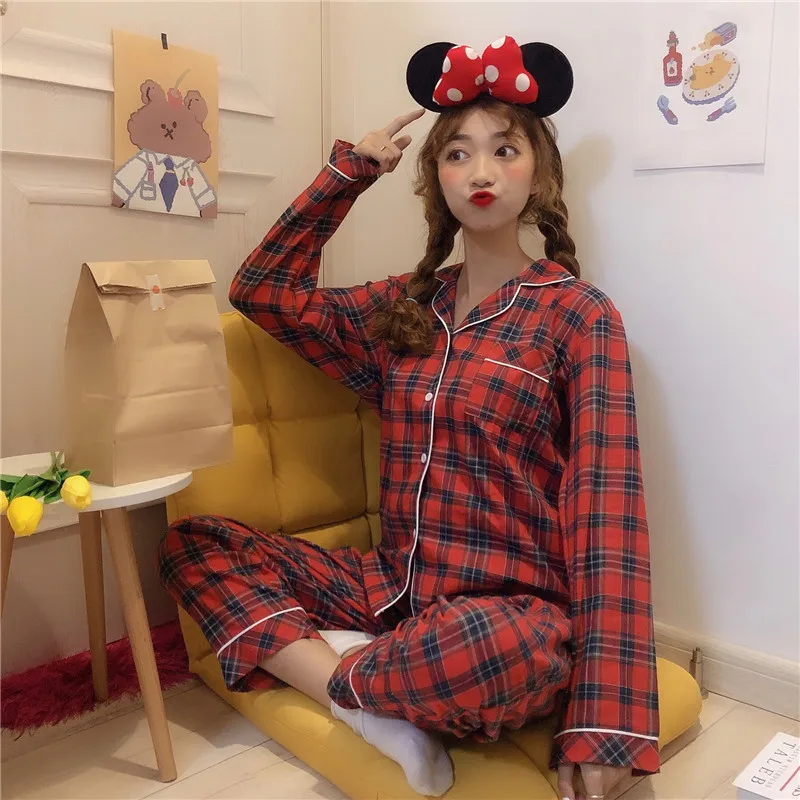2019 зимние женские пижамные комплекты клетчатые хлопковые пижамы с длинным