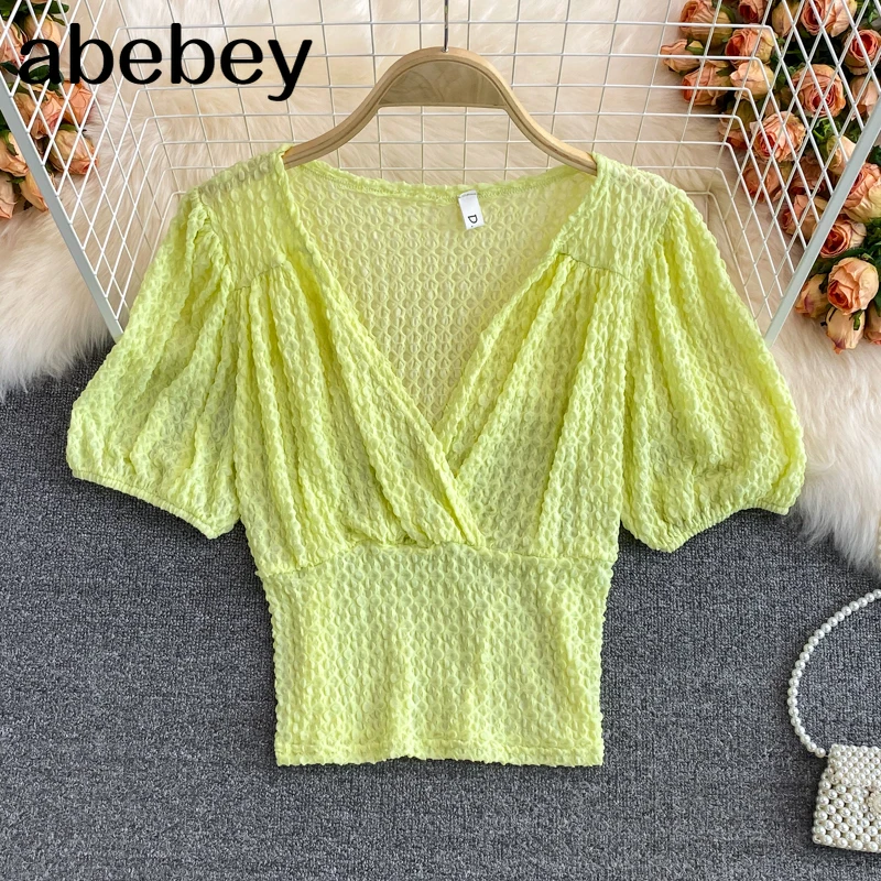 

Женская короткая блузка с пышными рукавами, повседневная однотонная приталенная Блузка с V-образным вырезом в Корейском стиле, лето 2021