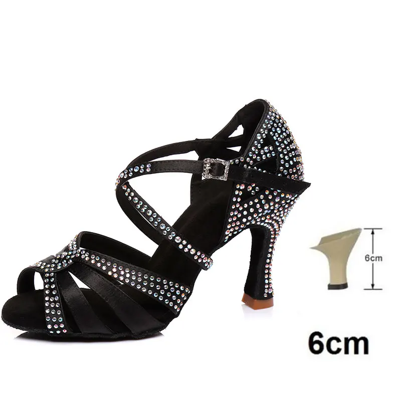 Black 6CM HROYL/Женская обувь для латинских танцев; женские танцевальные сандалии для танго; Сальса; Самба; стразы; пикантные вечерние туфли на каблуке 5/6/7,5/8,5/9/1 - Цвет: Black 6CM