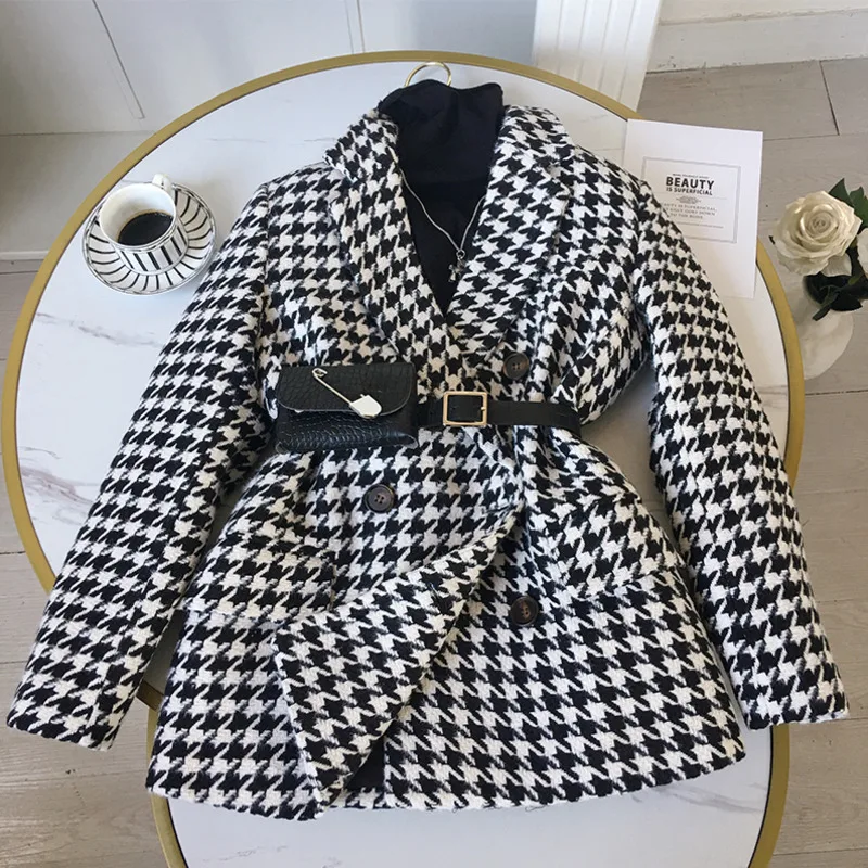 

Houndstooth Woolen Coat Women Winter Jacket 2021 Female Suit Jacket With Waist Bag Suit Elegant Thick Loose Women's Jacket Top