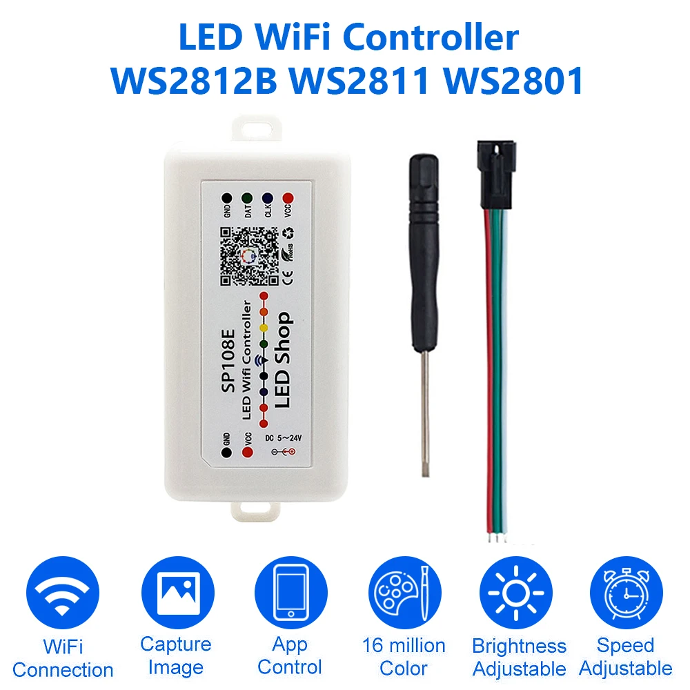 

Светодиодный Wi-Fi контроллер WS2812B WS2811 WS2801, беспроводной пульт дистанционного управления с приложением для iOS и Android, постоянный ток 5 В ~ 24 В, SP108E для SK6812, фотовспышки WS281