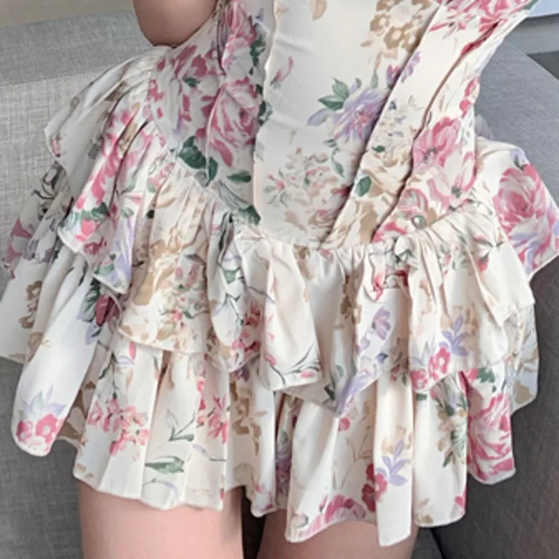 

French Style Bubble Sleeve Bud Floral Dress Vintage Temperament Sexy V-neck Print Flower Mini Dresses Vestidos Mujer 2021 Summer