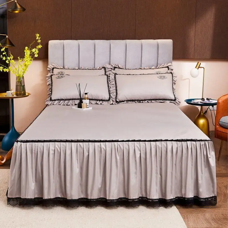 3 Pcs Lace Bed Skirt Korean Style Embroidered Cotton Clip Bedspreads Queen King Size Bedding Set Luxury bed linen for home/hotel