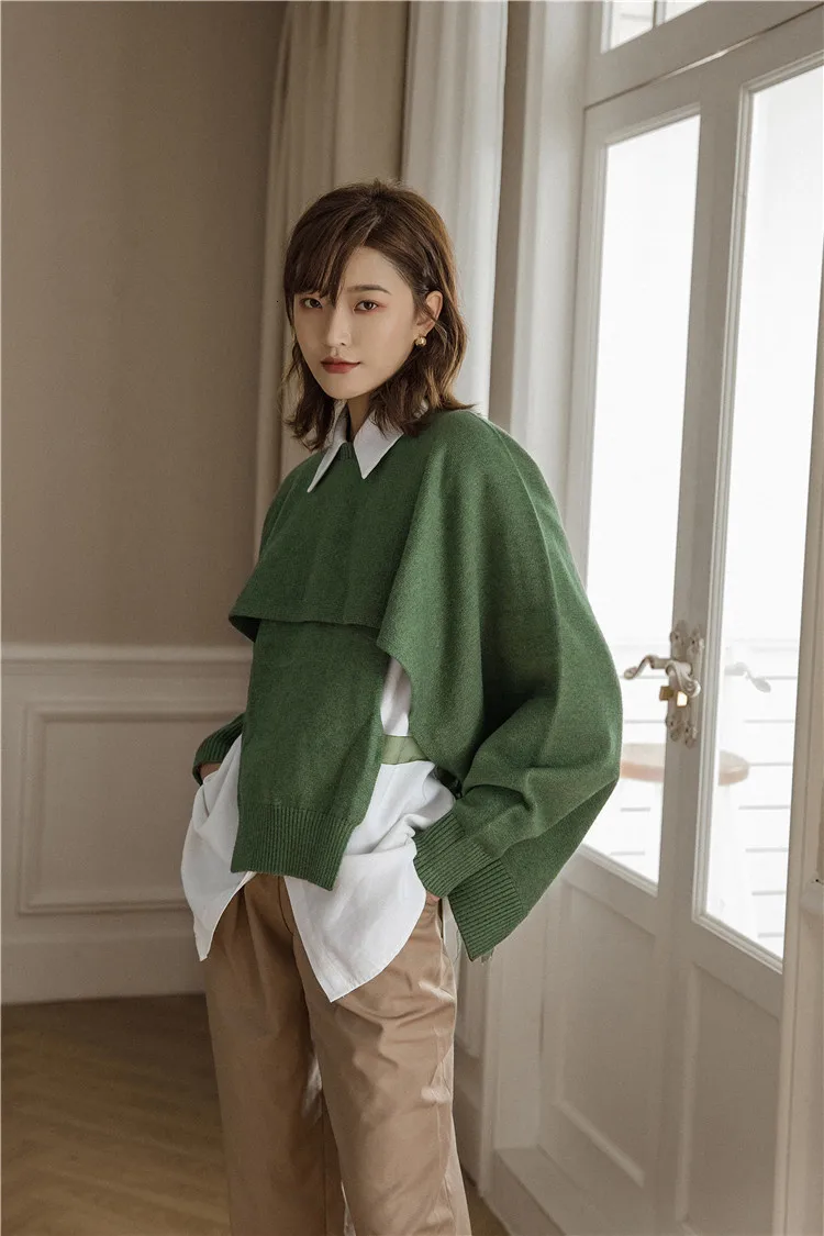 LANMREM Original Two-piece Hooded Vest Sweater Tied Bandwidth Loose Long Sleeves Outside Sweaters Women 19B-a220