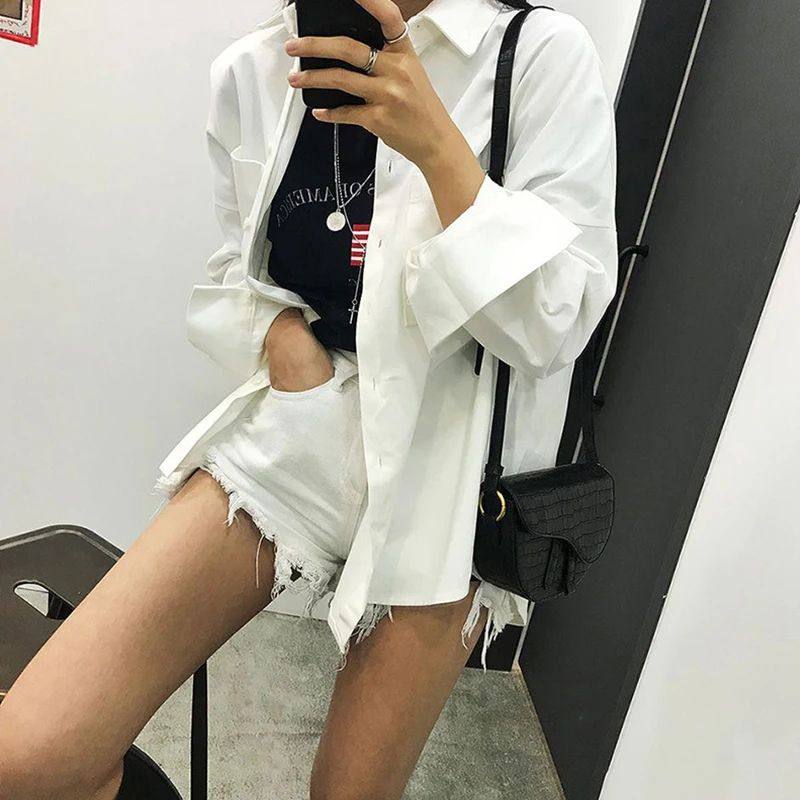 Новинка 2023 весенняя хлопковая женская блузка с двойными карманами и отложным