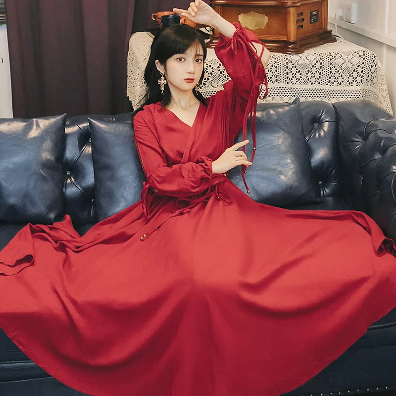 YOSIMI Maxi Chiffon Red Long Women Dress Bohemian V-neck Lantern Sleeve Full Sleeve Ankle-lenght Female Dress with Sashes