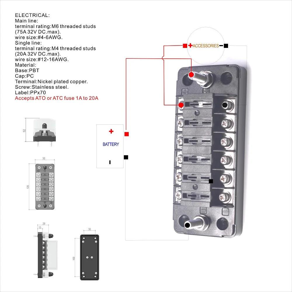 Блок предохранителей JOYHO 6-Way с отрицательной Шиной-6 цепи DC12V-32 ATC/ATO блок