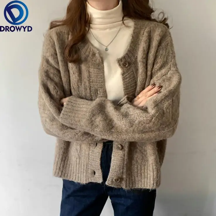 

Coarse Twist Knit Short Jacket Women 2021 Autumn and Winter Retro Camel O-neck Jacket Loose Wild College Style Sweater Cardigan