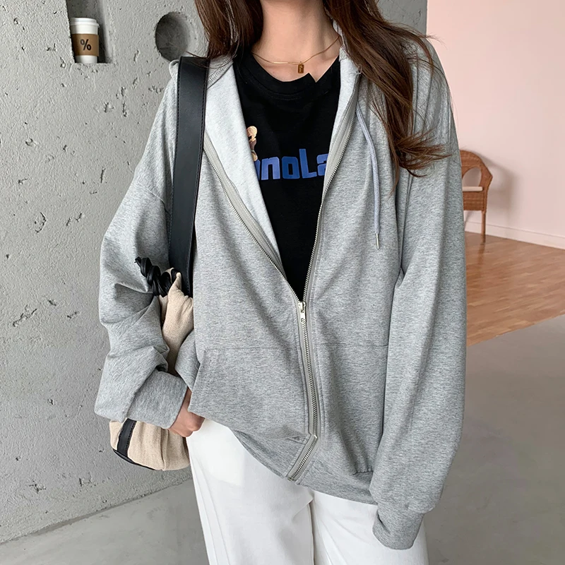 

Harajuku Korean version loose thin long-sleeved hooded sun protection coat solid color retro shirt student girl top