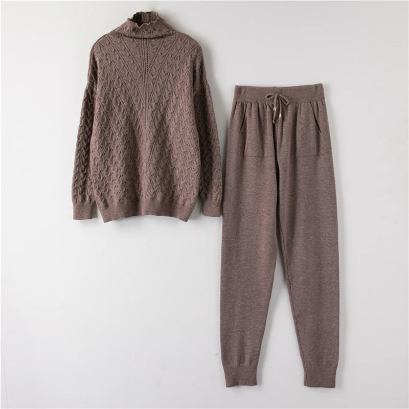 H01-Dark Khaki Водолазка, пуловер, свитера, трикотажные штаны, костюм из двух частей, комплекты для женщин на осень и зиму, теплый вязаный спортивный костюм, женский спортивный костюм - Цвет: H01-Dark Khaki