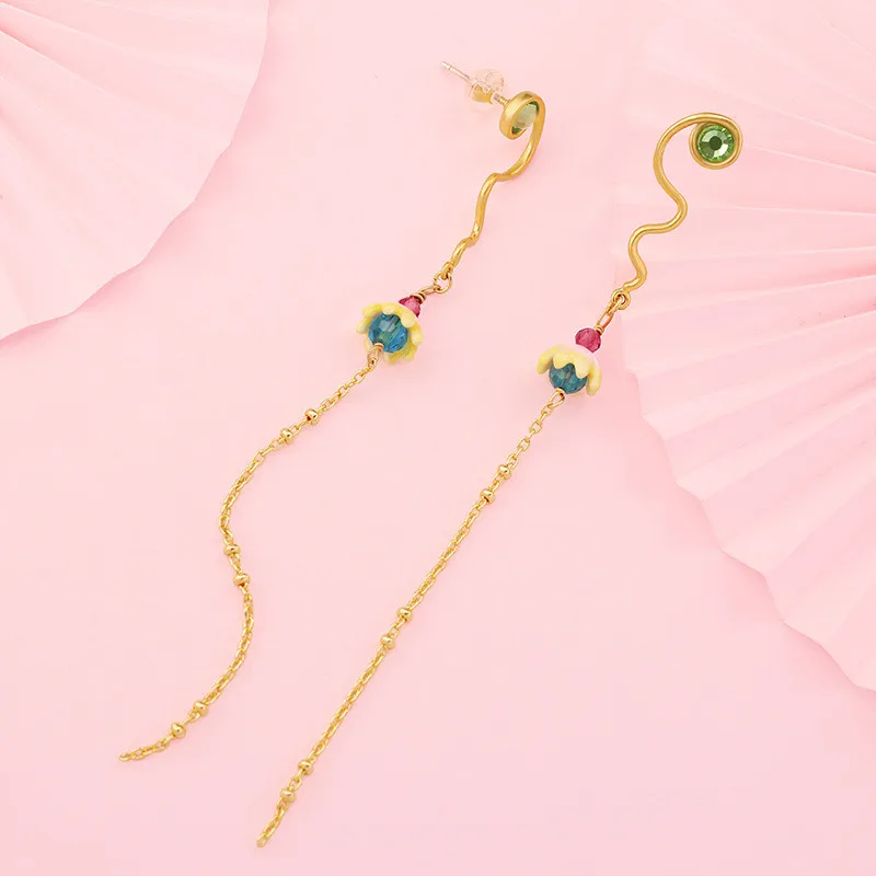 

Japan and South Korea fashion simple long tassel earrings women's personalized diamond hand-painted enamel flowers 925 silver pi