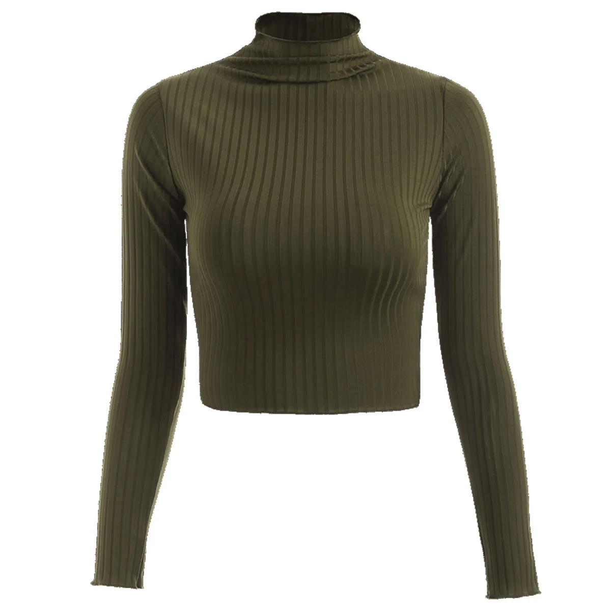 

Sexy Turtleneck Crop Tops Women Solid Color Navel Short Top Knitted Shirts 2021 Vintage Spring Fall Full Sleeve Pullover Blouses