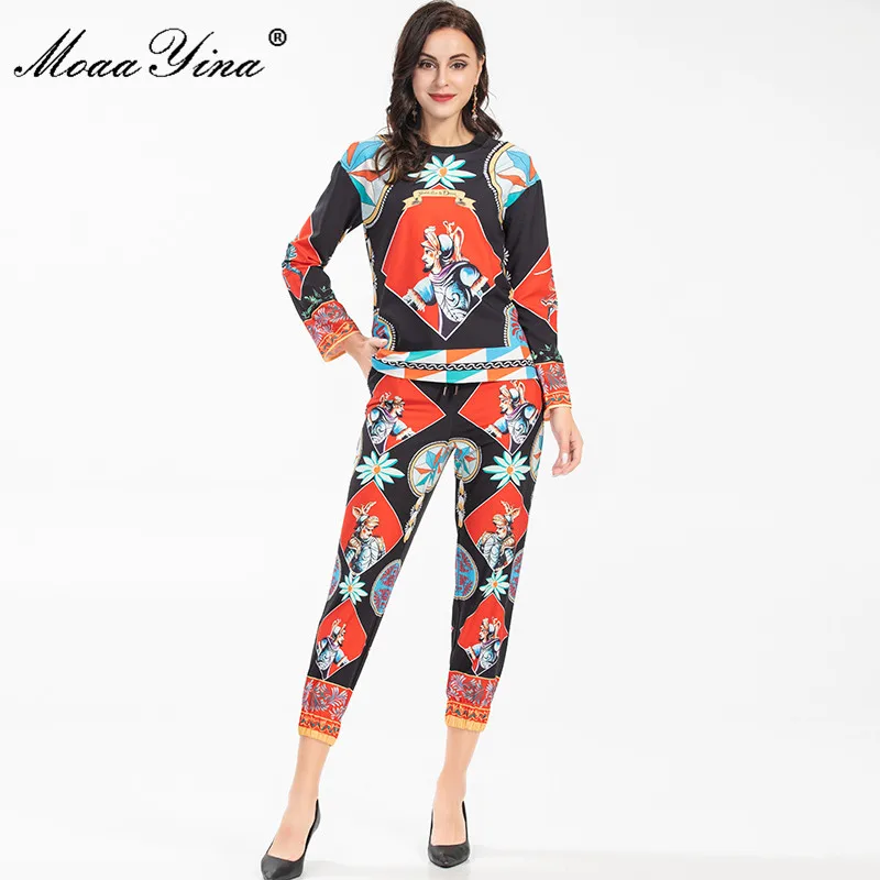 

MoaaYina 2021 Designer New Women's Fashion Suit Autumn Vintage Warrior Totem Print Pullover and Pants Two Piece Set