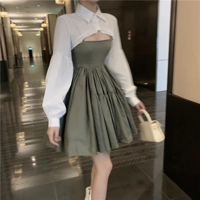 

2 Piece Set Korean Summer Fashion Outfit Sexy Green Princess Sleeveless Sling Dress+Kawaii Lantern Sleeve Sunscreen Shawl Shirts