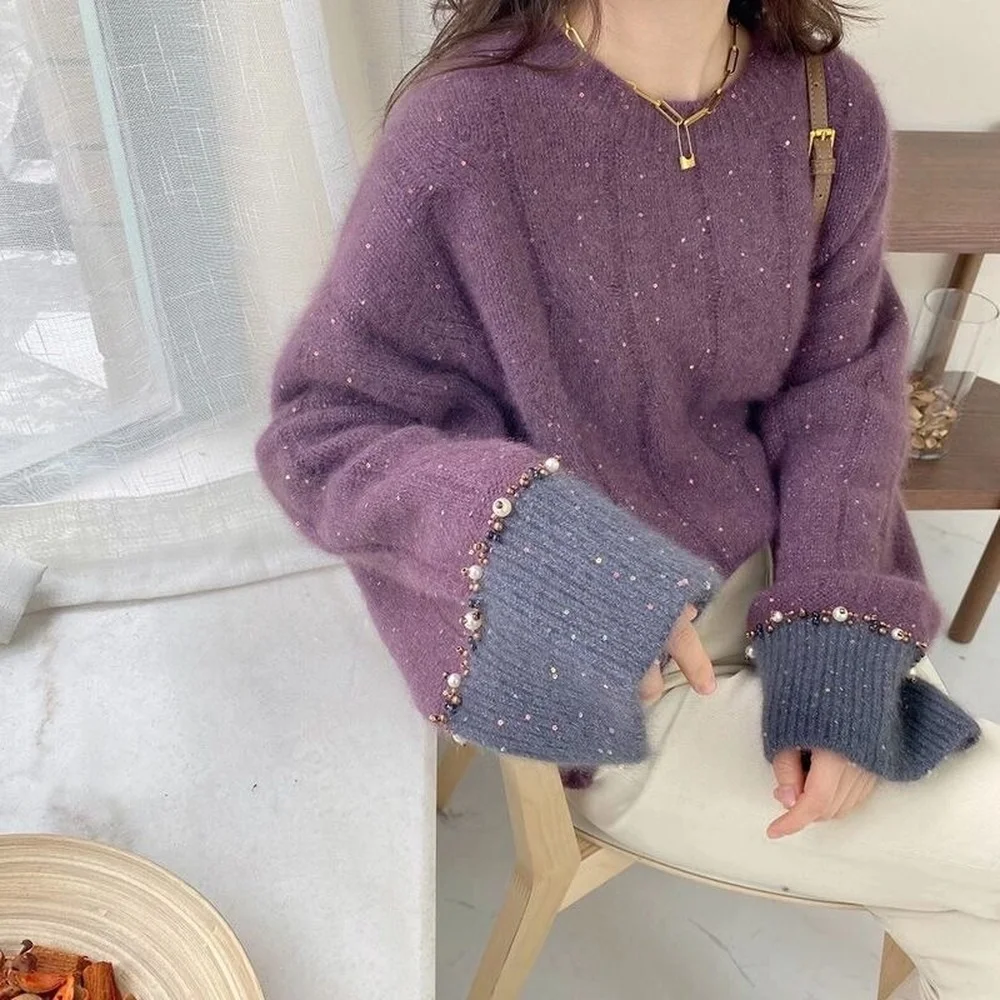 

Вязаный пуловер, темпераментный женский тяжелый промышленный мягкий восковой свитер с бусинами, куртка для женщин, милая ветровка на осень и зиму, новинка