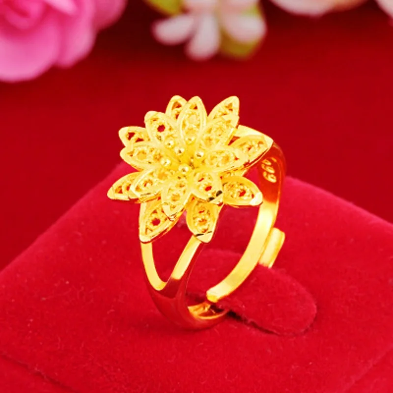 

24K Gold Rings for Women Flower ins Vintage Ring Female Fine Jewelry Gift Opening Adjustable Rings for Engagement anillos bague