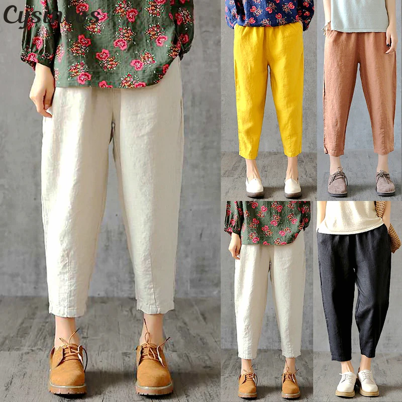 Женские льняные брюки бриджи 2019 летние свободные из тонкой ткани хлопковые
