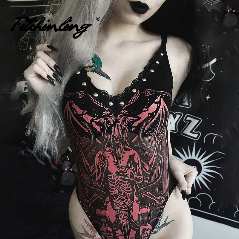 

Fitshinling Gothic Bodysuit Printed Dark Emo Rivet V-Neck Grunge Camisole Bodysuits Sexy Goth Punk Sheath Feminino Slim Halter