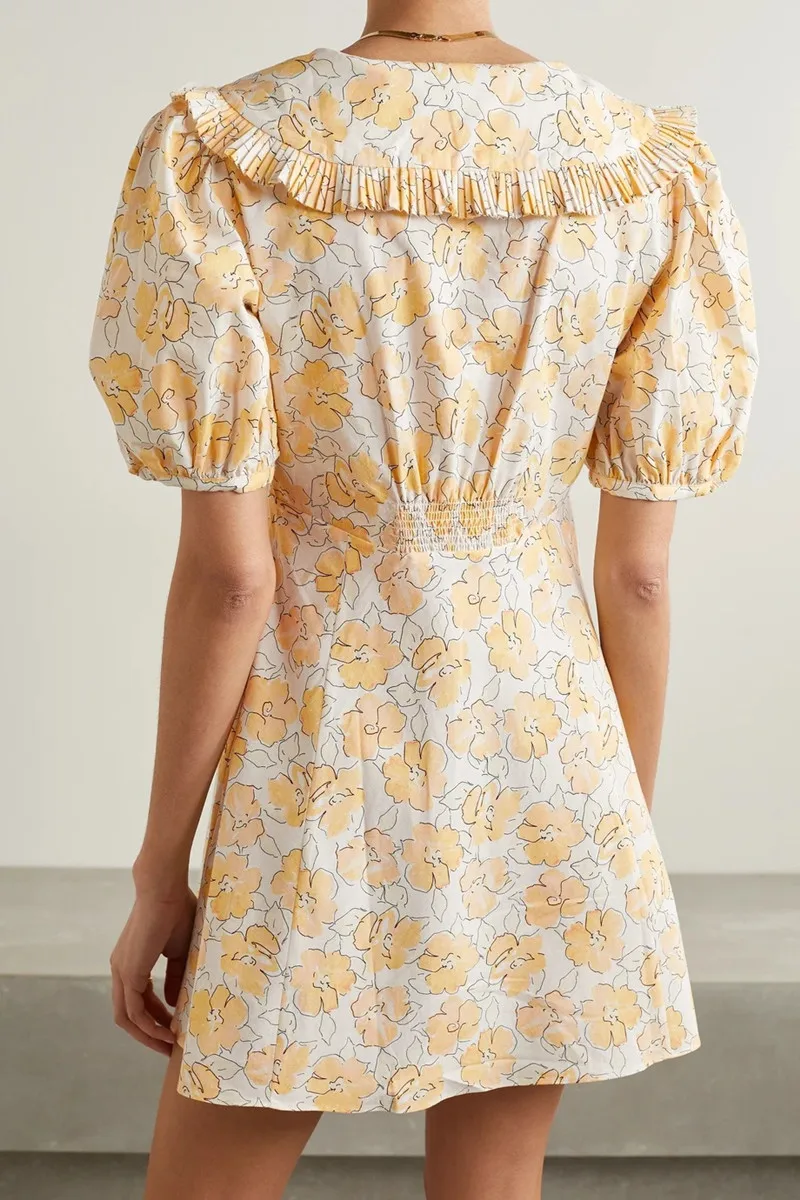 

Women's Short Puff Sleeve Mini Dress Peter Pan Collar Floral Printed High Waist Dress 2021 Summer Ladies Short Robe