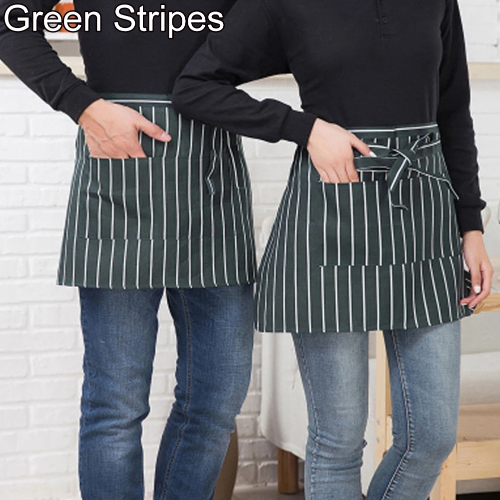 Полосатый клетчатый фартук средней длины с короткой талией и карманом для