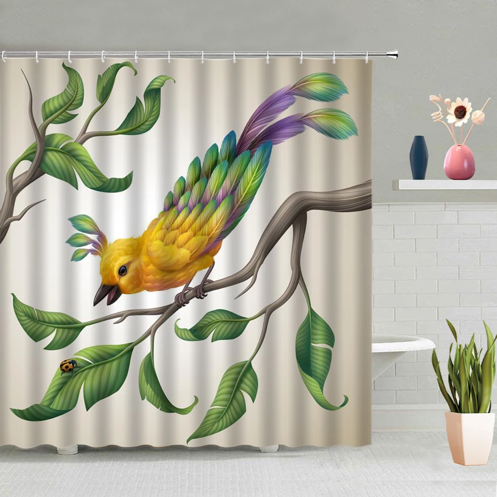 

Flowers Shower Curtain Lotus Seed Lotus Leaf Plant Dragonfly Birds Animals Pattern Decorative Background Waterproof With Hooks