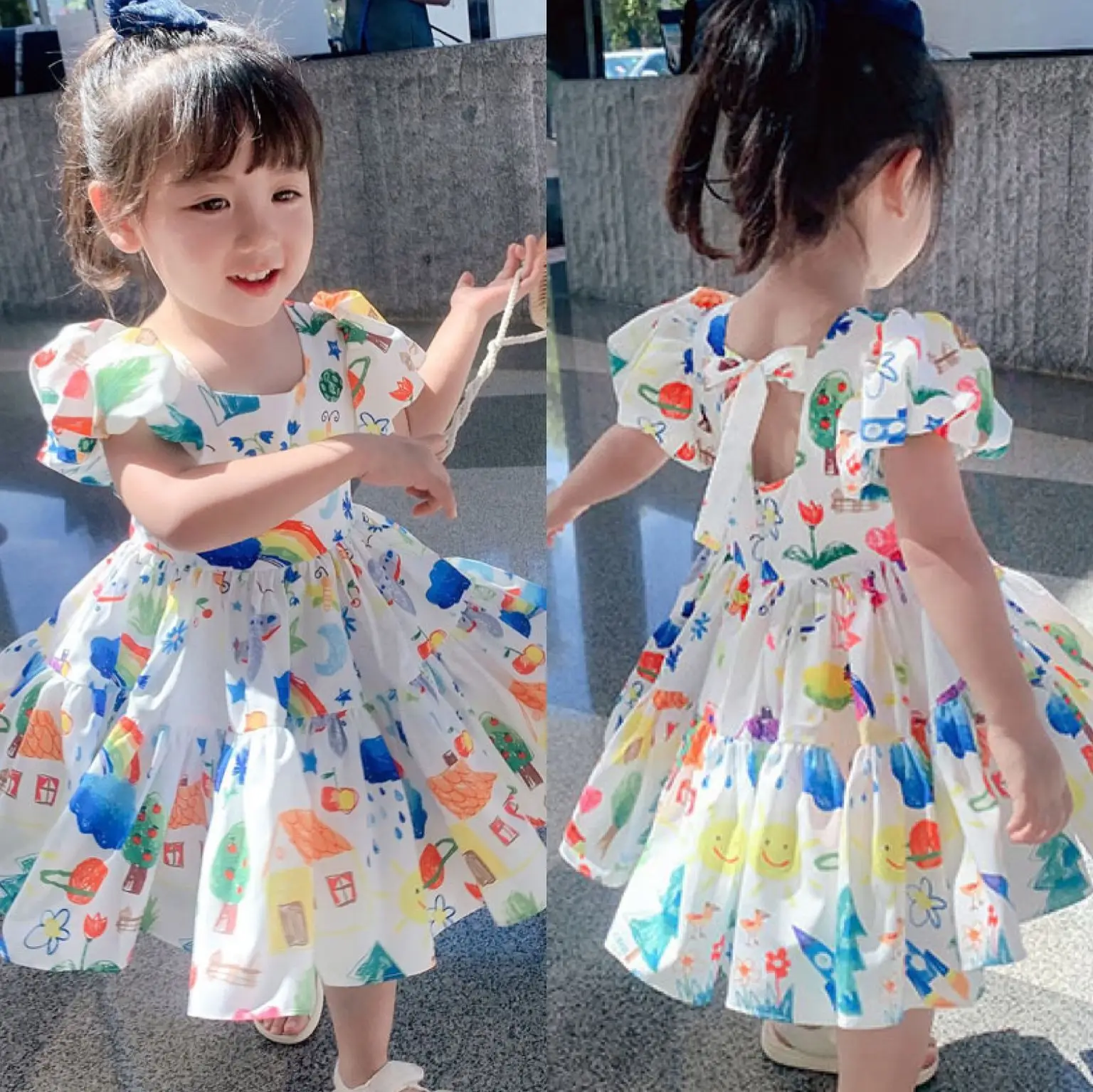 

2021 New Summer Cute Dresses For Girls Puff Sleeve Princess Dress 6 8 years Children Clothing