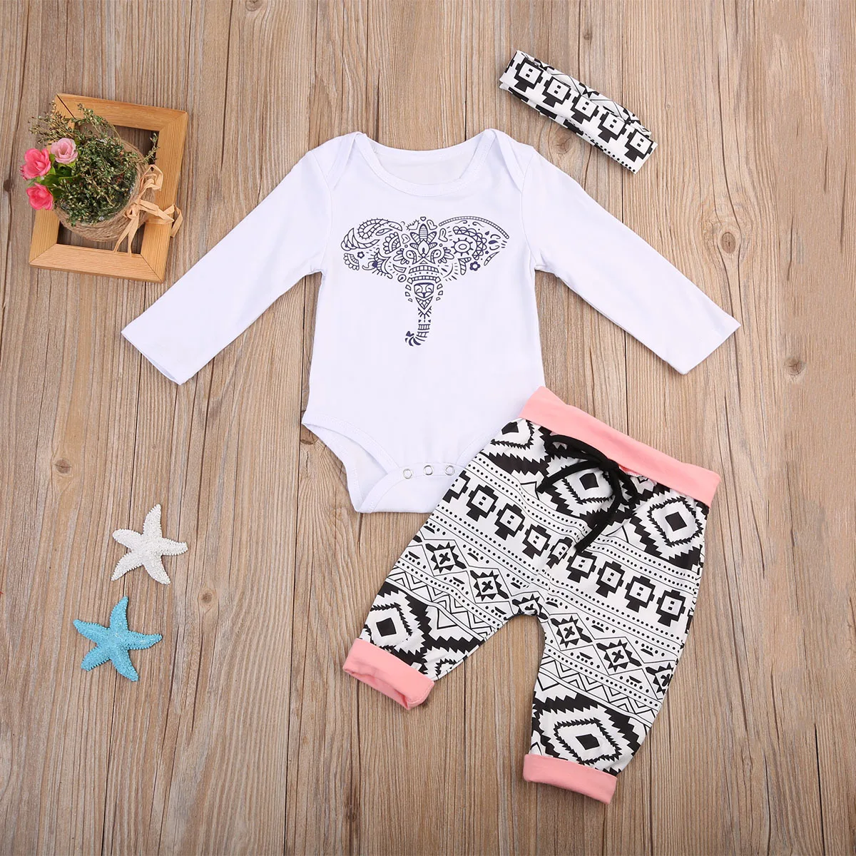 

Newborn Infant Baby Girl Boy Romper Long Pants Headband Outfits Clothes Set