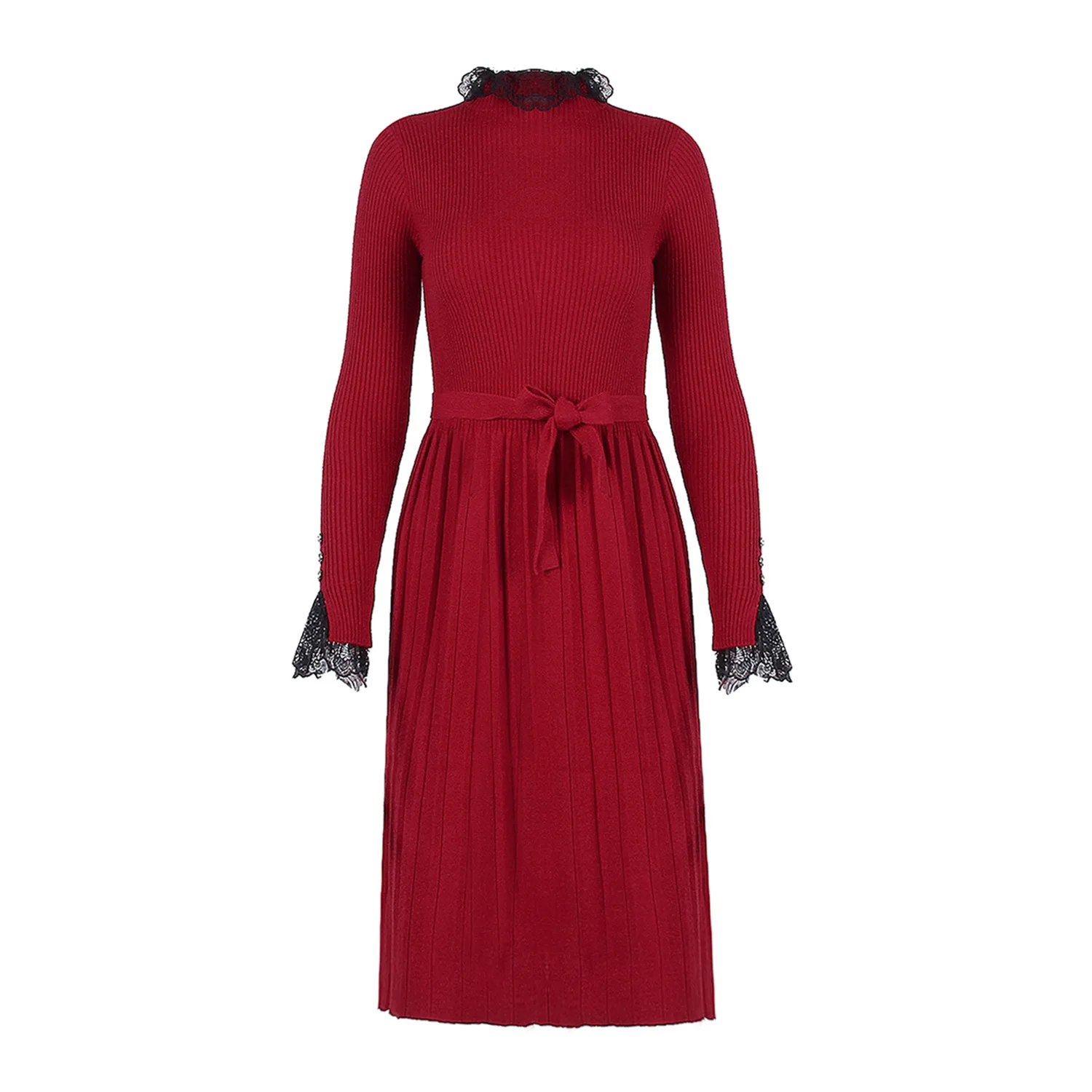 

Women Autumn Winter Sweater Dress Stand Neck Lace Patchwork Long Sleeve Knitted Bow Pleated Dress Women Knitted Sweater Dress