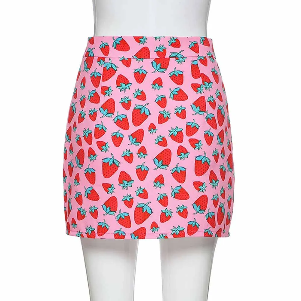 

Sweet Strawberry Graphic Print Pink Mini Skirts E-Girl Summer High Waist Slit Hem Skirt Sweet Cute Y2k Girls Fashion Outfits