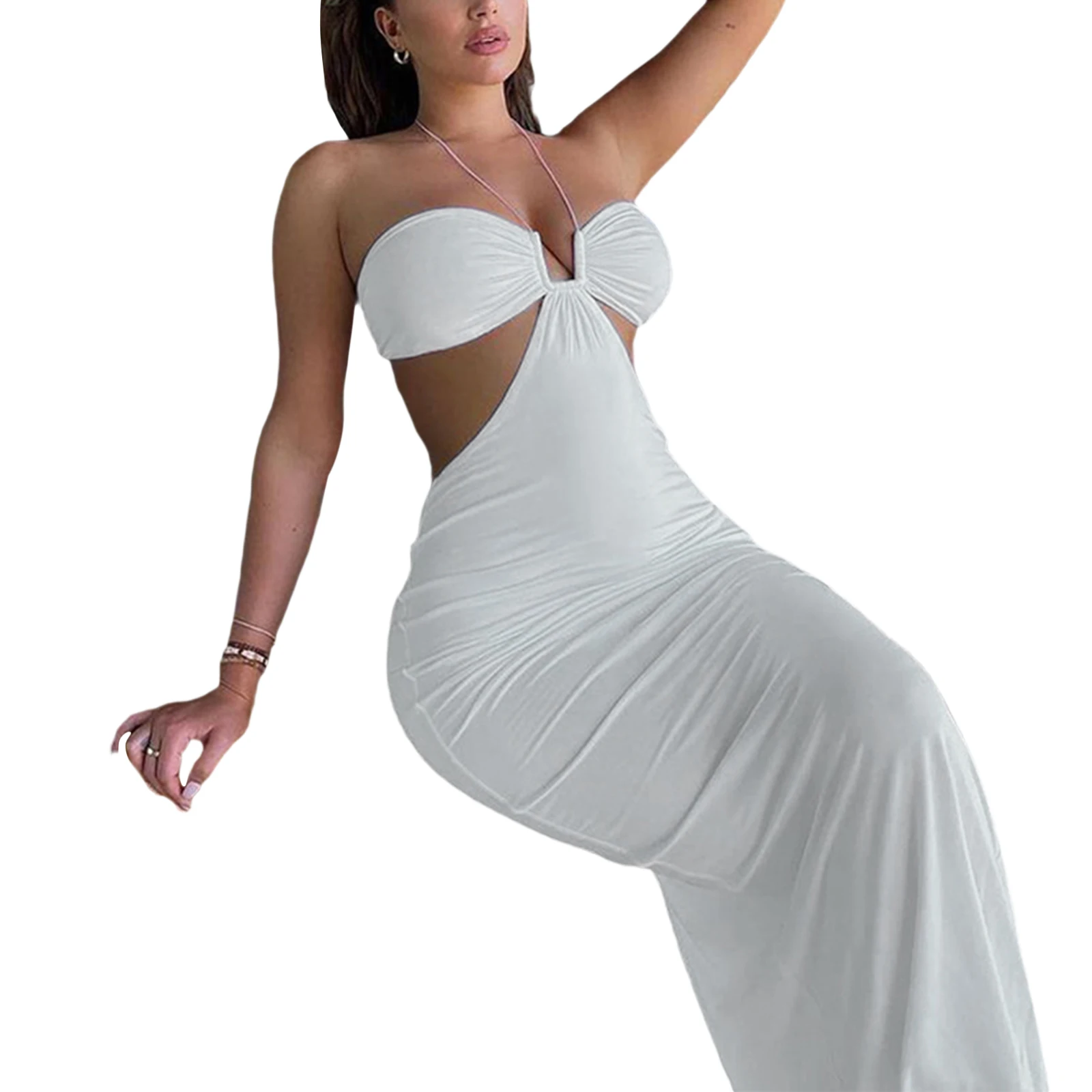 

Womens Sexy Lace-up Halter Dress Fashion Solid Color Split Boat Neck Hollow Tight Mid-length Dress