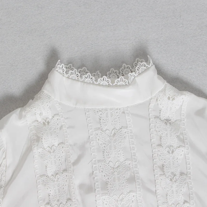 2019 Autumn Elegant Womens White Shirts Blouse Stand Collar Long Sleeve Patchwork Lace Tops Female Clother |
