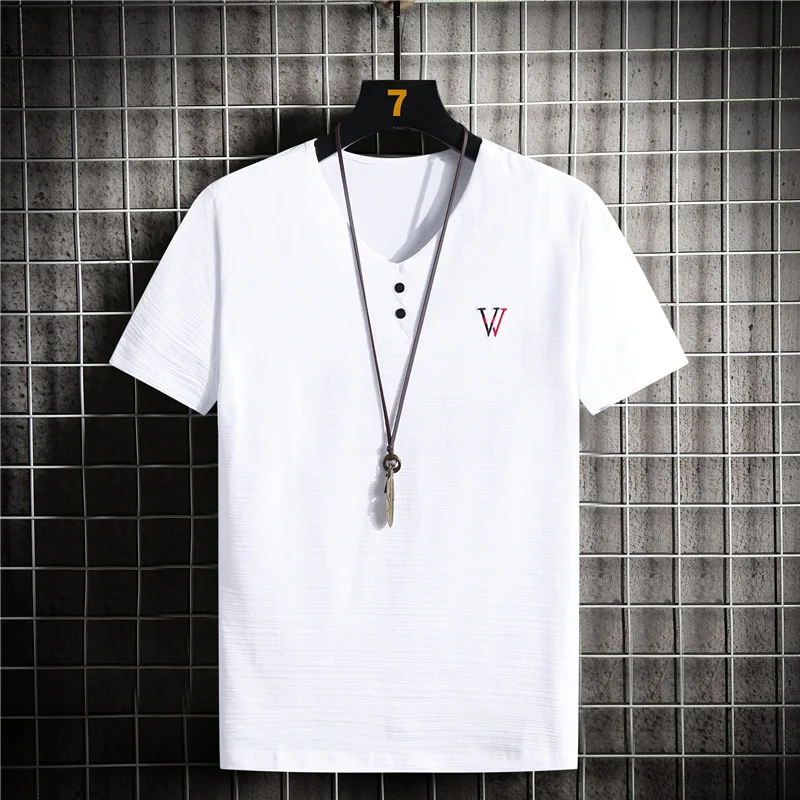 

2021 summer new style 100% pure cotton white solid color T-shirt men's causal V-neck basic T-shirt men's high-quality classic to