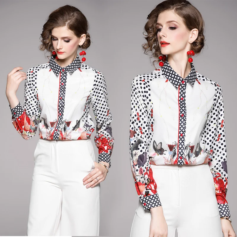

Willstage Women Blouses Vintage dots Print Shirts Single-breasted Long sleeve Casual Chiffon Blouse Female Work Office Shirts