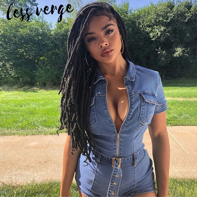 Женский джинсовый комбинезон lessverge повседневный облегающий короткий синий с