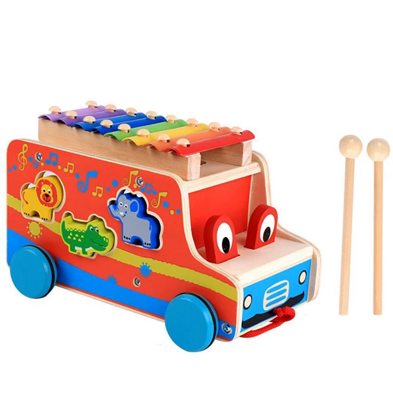 

Wooden Early Learning Animal Shape Sorter Toy with Music Keyboard Xylophone Pull Along Car Educational Learning Toy