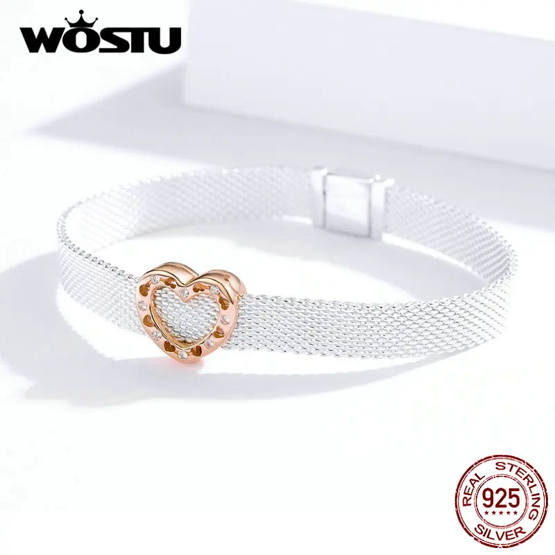WOSTU 925 пробы серебра «любящее сердце» серебряные шарики Циркон розовое золото, очаровательный, подрходит к оригиналу Браслеты& Браслеты-кольца с серебро 925 ювелирные изделия CQX106